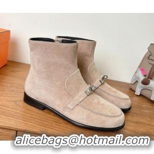 Best Price Hermes Kelsy Flat Ankle Boots in Suede with Kelly Buckle Strap Beige 1023050