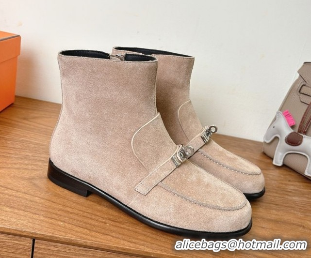 Best Price Hermes Kelsy Flat Ankle Boots in Suede with Kelly Buckle Strap Beige 1023050