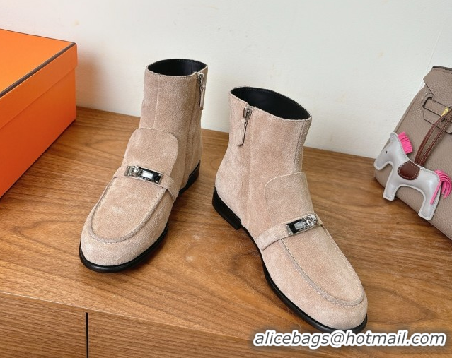 Best Price Hermes Kelsy Flat Ankle Boots in Suede with Kelly Buckle Strap Beige 1023050