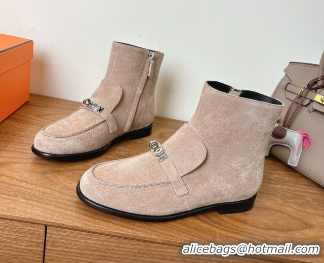 Best Price Hermes Kelsy Flat Ankle Boots in Suede with Kelly Buckle Strap Beige 1023050