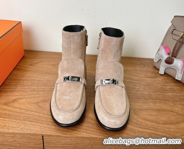 Best Price Hermes Kelsy Flat Ankle Boots in Suede with Kelly Buckle Strap Beige 1023050