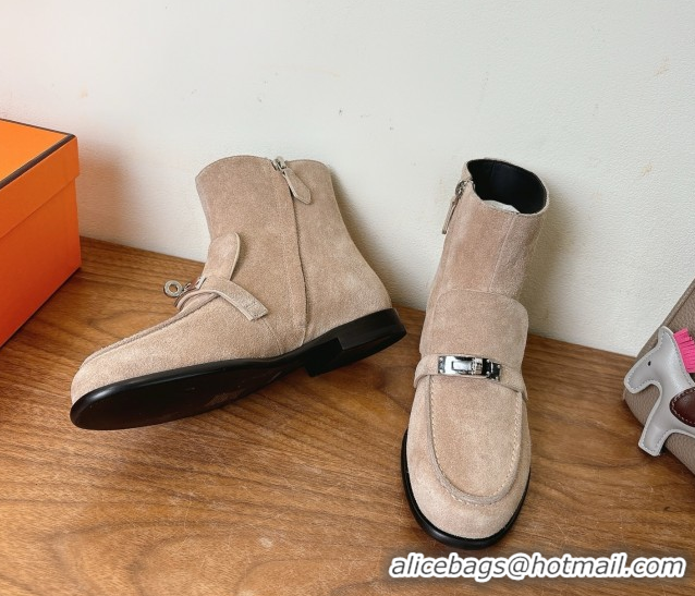 Best Price Hermes Kelsy Flat Ankle Boots in Suede with Kelly Buckle Strap Beige 1023050