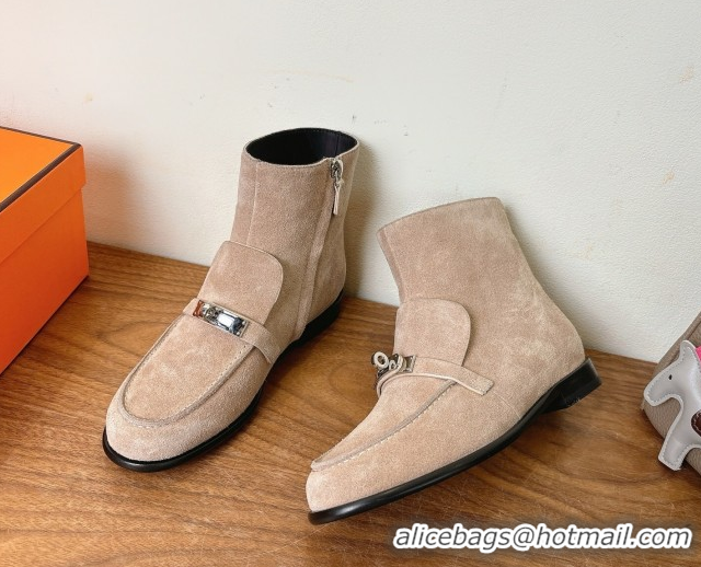Best Price Hermes Kelsy Flat Ankle Boots in Suede with Kelly Buckle Strap Beige 1023050