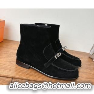 Classic Hot Hermes Kelsy Flat Ankle Boots in Suede with Kelly Buckle Strap Black 1023051