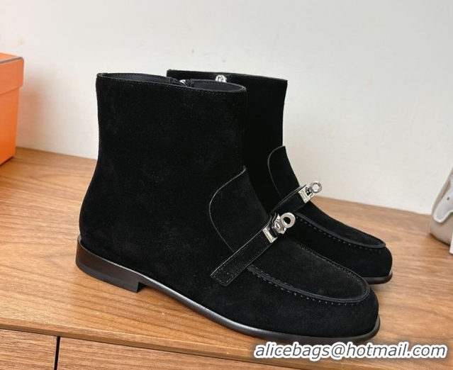 Classic Hot Hermes Kelsy Flat Ankle Boots in Suede with Kelly Buckle Strap Black 1023051