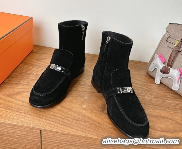 Classic Hot Hermes Kelsy Flat Ankle Boots in Suede with Kelly Buckle Strap Black 1023051