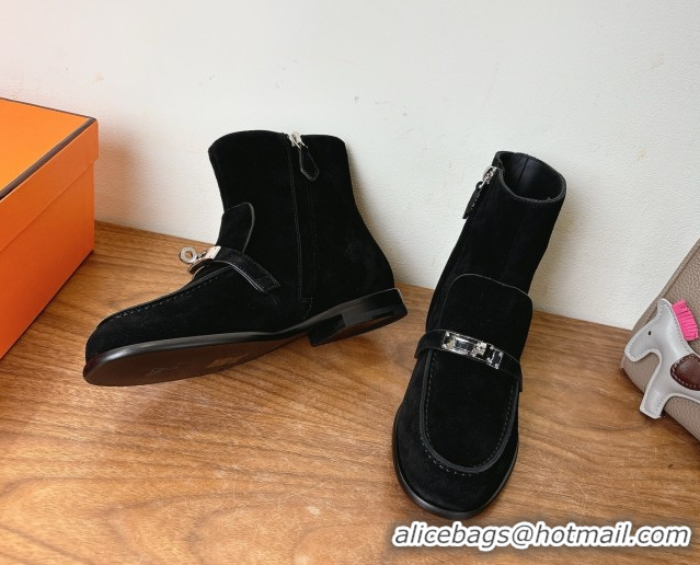 Classic Hot Hermes Kelsy Flat Ankle Boots in Suede with Kelly Buckle Strap Black 1023051