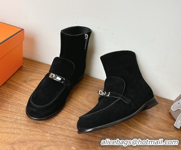 Classic Hot Hermes Kelsy Flat Ankle Boots in Suede with Kelly Buckle Strap Black 1023051