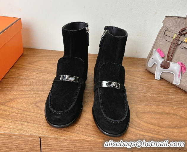 Classic Hot Hermes Kelsy Flat Ankle Boots in Suede with Kelly Buckle Strap Black 1023051