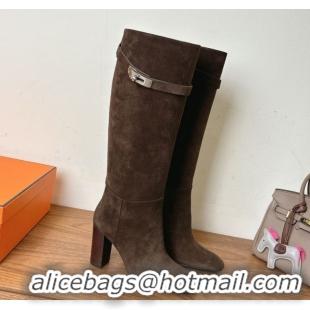 Good Quality Hermes Heel High Boots 9.5cm in Suede with Kelly Buckle Strap Dark Brown 1023052
