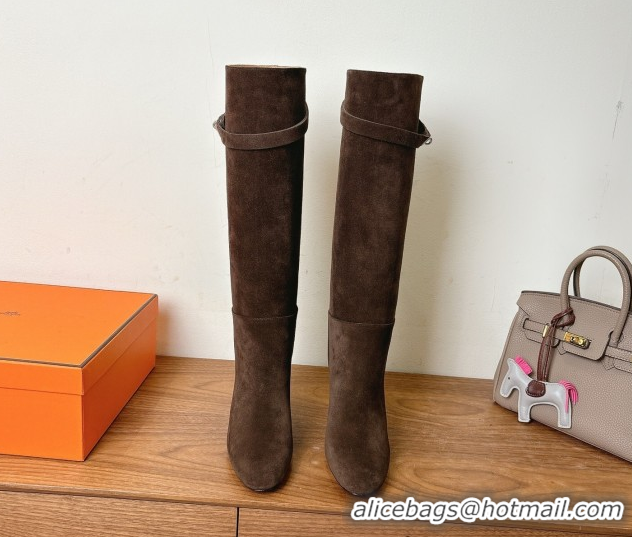 Good Quality Hermes Heel High Boots 9.5cm in Suede with Kelly Buckle Strap Dark Brown 1023052