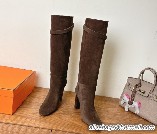 Good Quality Hermes Heel High Boots 9.5cm in Suede with Kelly Buckle Strap Dark Brown 1023052