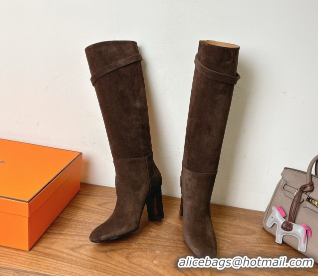Good Quality Hermes Heel High Boots 9.5cm in Suede with Kelly Buckle Strap Dark Brown 1023052