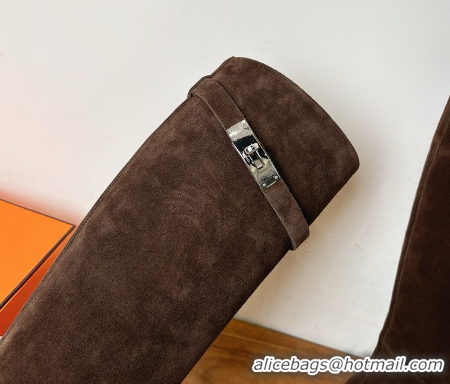 Good Quality Hermes Heel High Boots 9.5cm in Suede with Kelly Buckle Strap Dark Brown 1023052
