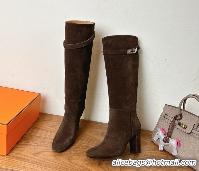 Good Quality Hermes Heel High Boots 9.5cm in Suede with Kelly Buckle Strap Dark Brown 1023052