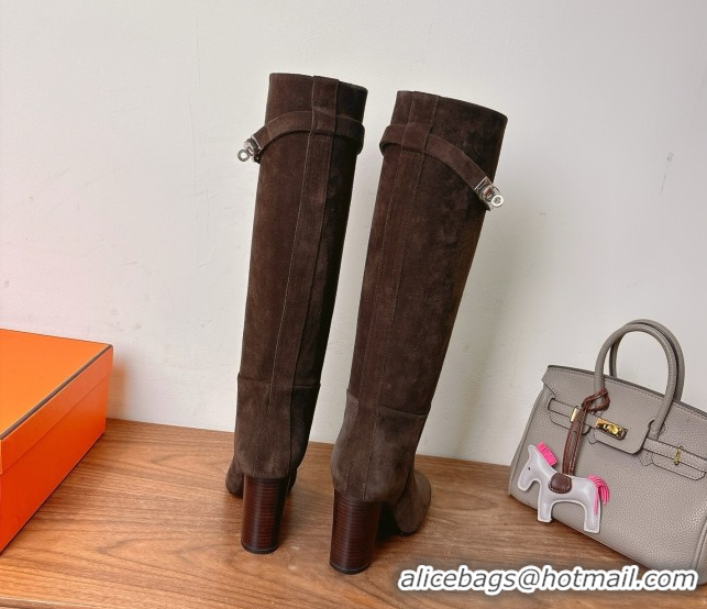 Good Quality Hermes Heel High Boots 9.5cm in Suede with Kelly Buckle Strap Dark Brown 1023052