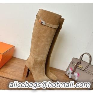 Hot Style Hermes Heel High Boots 9.5cm in Suede with Kelly Buckle Strap Light Brown 1023053