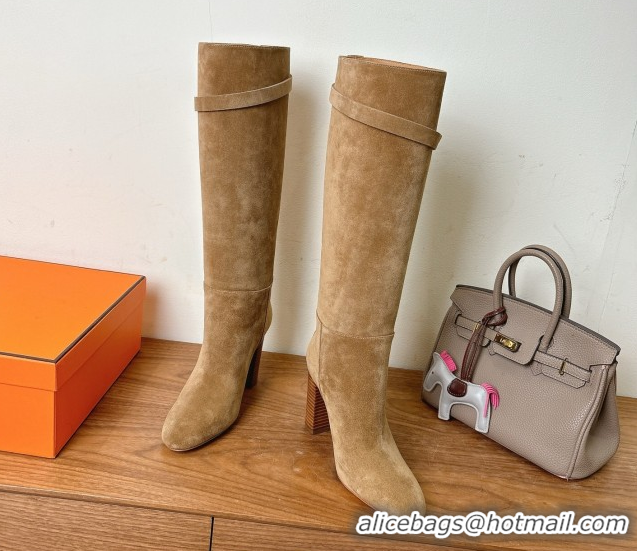 Hot Style Hermes Heel High Boots 9.5cm in Suede with Kelly Buckle Strap Light Brown 1023053