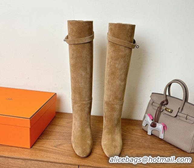 Hot Style Hermes Heel High Boots 9.5cm in Suede with Kelly Buckle Strap Light Brown 1023053