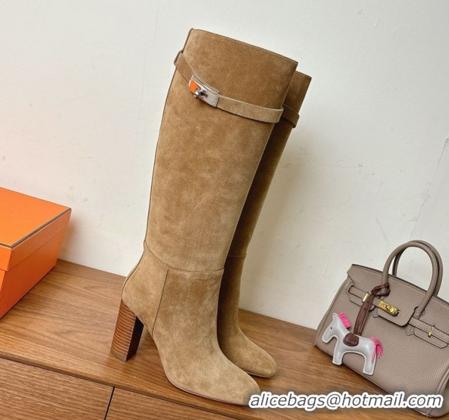 Hot Style Hermes Heel High Boots 9.5cm in Suede with Kelly Buckle Strap Light Brown 1023053