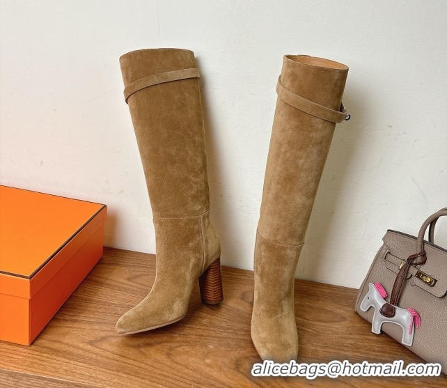 Hot Style Hermes Heel High Boots 9.5cm in Suede with Kelly Buckle Strap Light Brown 1023053
