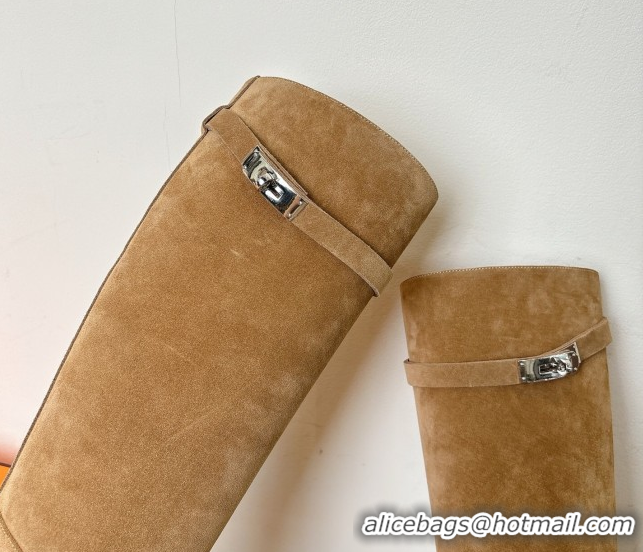 Hot Style Hermes Heel High Boots 9.5cm in Suede with Kelly Buckle Strap Light Brown 1023053