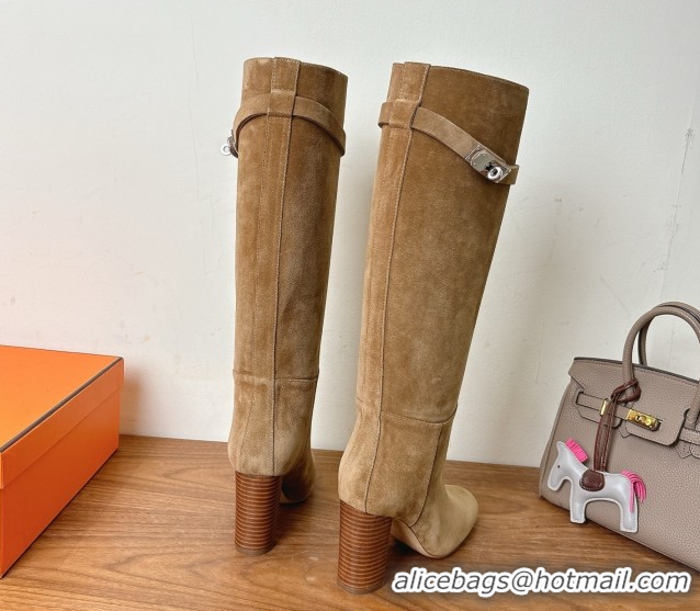 Hot Style Hermes Heel High Boots 9.5cm in Suede with Kelly Buckle Strap Light Brown 1023053
