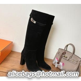 Unique Style Hermes Heel High Boots 9.5cm in Suede with Kelly Buckle Strap Black 1023054