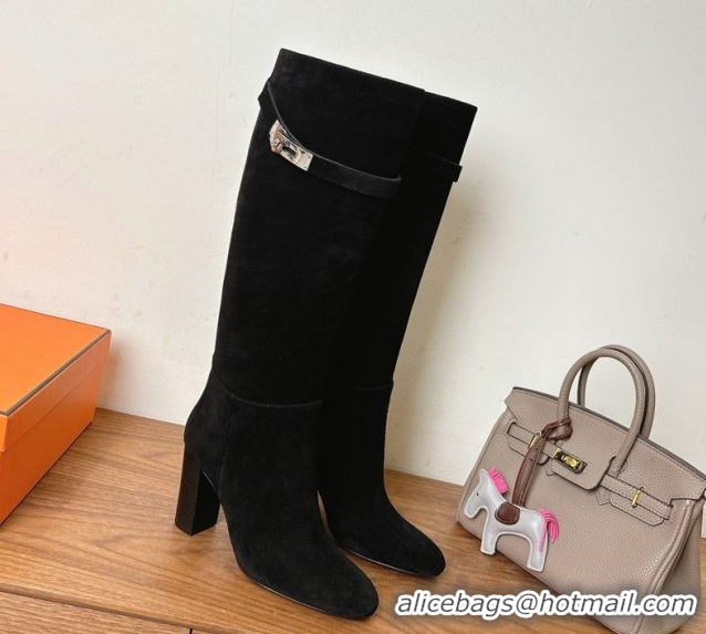Unique Style Hermes Heel High Boots 9.5cm in Suede with Kelly Buckle Strap Black 1023054