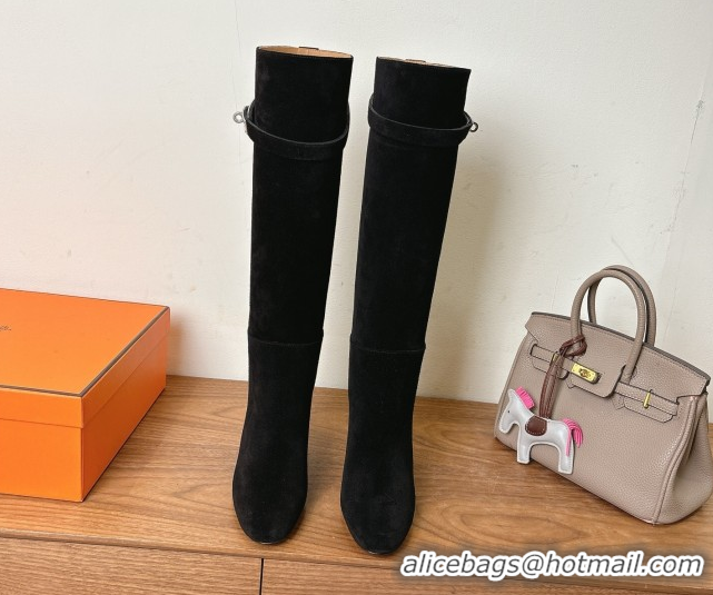 Unique Style Hermes Heel High Boots 9.5cm in Suede with Kelly Buckle Strap Black 1023054
