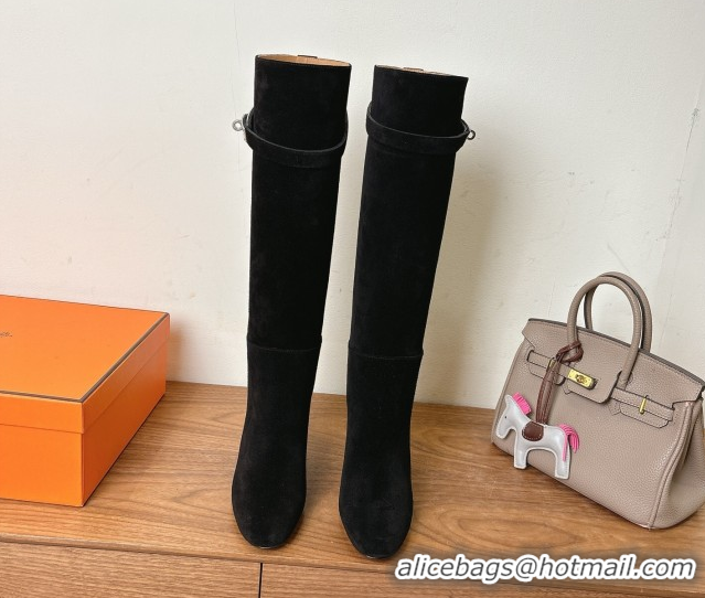 Unique Style Hermes Heel High Boots 9.5cm in Suede with Kelly Buckle Strap Black 1023054