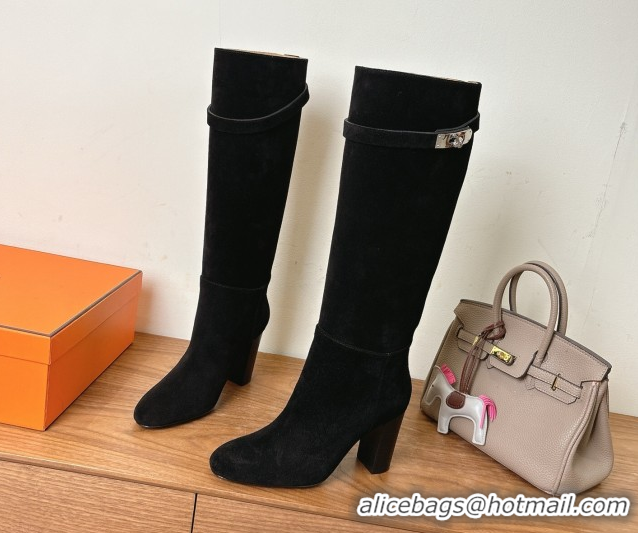 Unique Style Hermes Heel High Boots 9.5cm in Suede with Kelly Buckle Strap Black 1023054