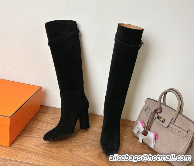 Unique Style Hermes Heel High Boots 9.5cm in Suede with Kelly Buckle Strap Black 1023054