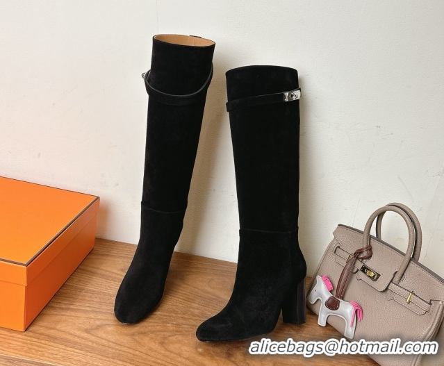 Unique Style Hermes Heel High Boots 9.5cm in Suede with Kelly Buckle Strap Black 1023054