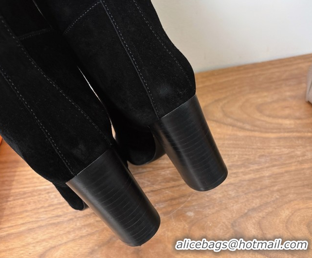 Unique Style Hermes Heel High Boots 9.5cm in Suede with Kelly Buckle Strap Black 1023054