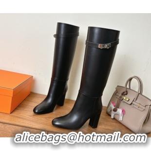 Good Looking Hermes Heel High Boots 9.5cm in Calfskin Leather with Kelly Buckle Strap Black 1023055