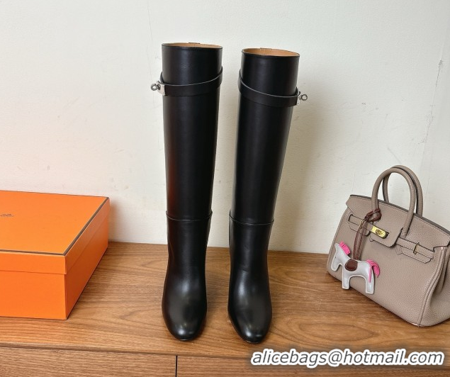 Good Looking Hermes Heel High Boots 9.5cm in Calfskin Leather with Kelly Buckle Strap Black 1023055