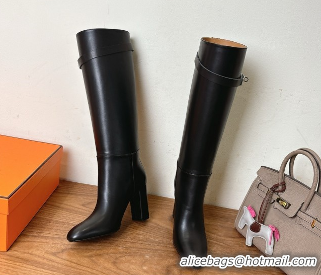 Good Looking Hermes Heel High Boots 9.5cm in Calfskin Leather with Kelly Buckle Strap Black 1023055