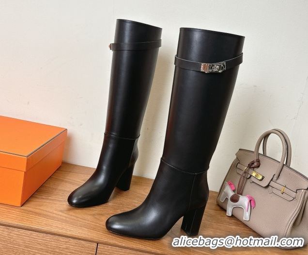 Good Looking Hermes Heel High Boots 9.5cm in Calfskin Leather with Kelly Buckle Strap Black 1023055