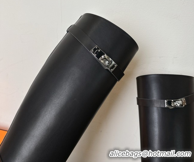 Good Looking Hermes Heel High Boots 9.5cm in Calfskin Leather with Kelly Buckle Strap Black 1023055