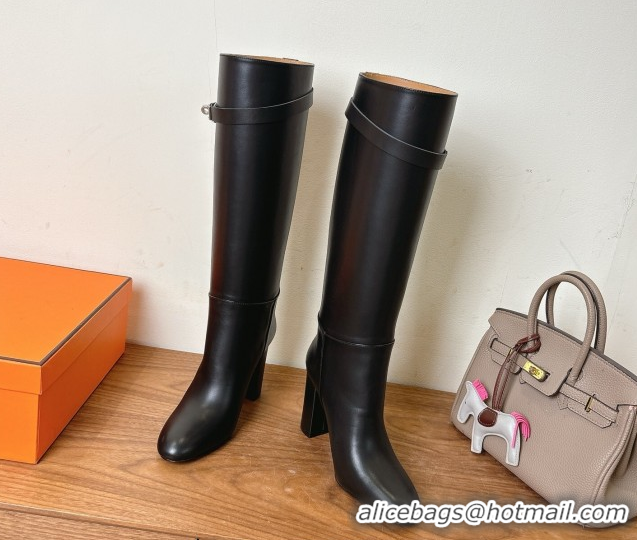 Good Looking Hermes Heel High Boots 9.5cm in Calfskin Leather with Kelly Buckle Strap Black 1023055