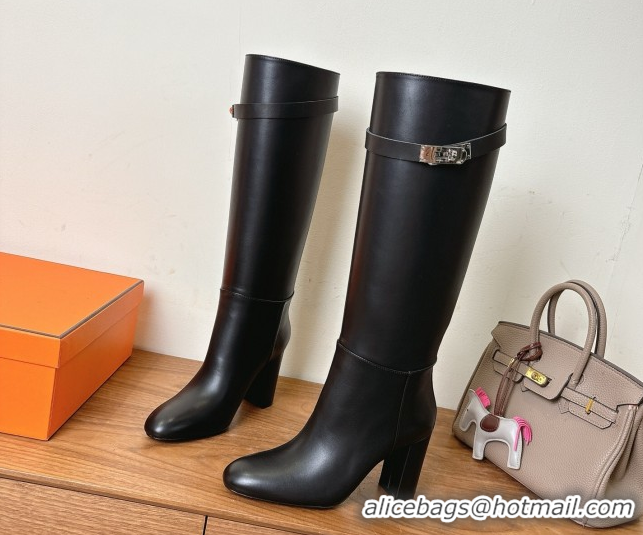 Good Looking Hermes Heel High Boots 9.5cm in Calfskin Leather with Kelly Buckle Strap Black 1023055