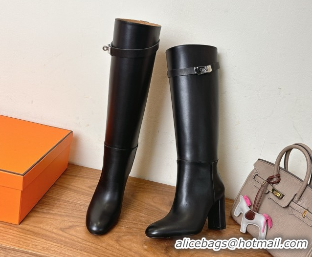 Good Looking Hermes Heel High Boots 9.5cm in Calfskin Leather with Kelly Buckle Strap Black 1023055