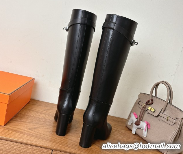 Good Looking Hermes Heel High Boots 9.5cm in Calfskin Leather with Kelly Buckle Strap Black 1023055
