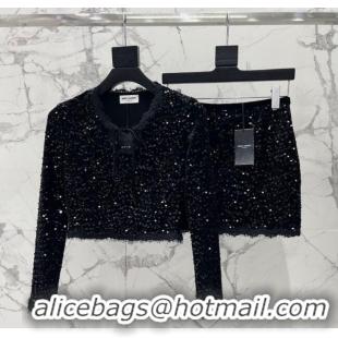 Fashion Discount Saint Laurent Sequins Top and Skirt YSL111501 Black 2025