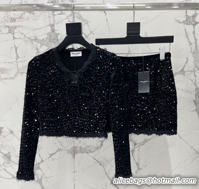 Fashion Discount Saint Laurent Sequins Top and Skirt YSL111501 Black 2025