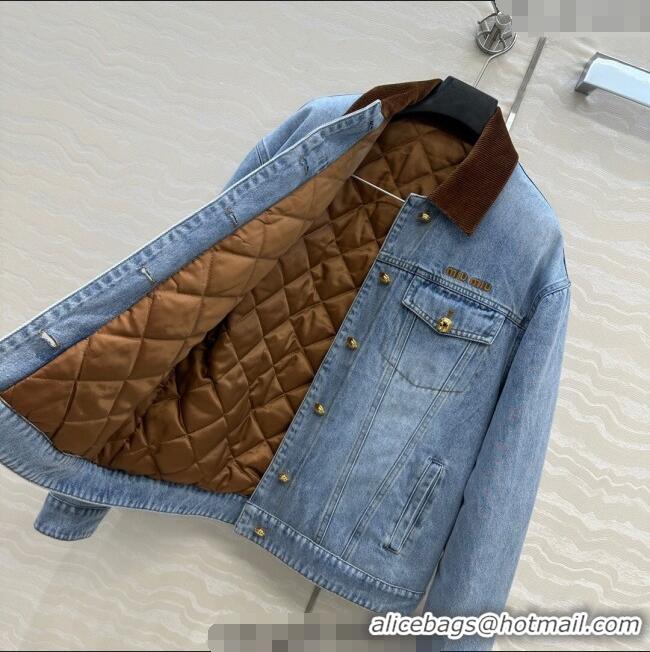 Luxury Cheap Miu Miu Quilted Denim Jacket MM120212 Light Blue 2025