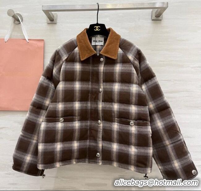 Luxury Cheap Miu Miu Plaid Down Jacket MM120228 Brown 2025