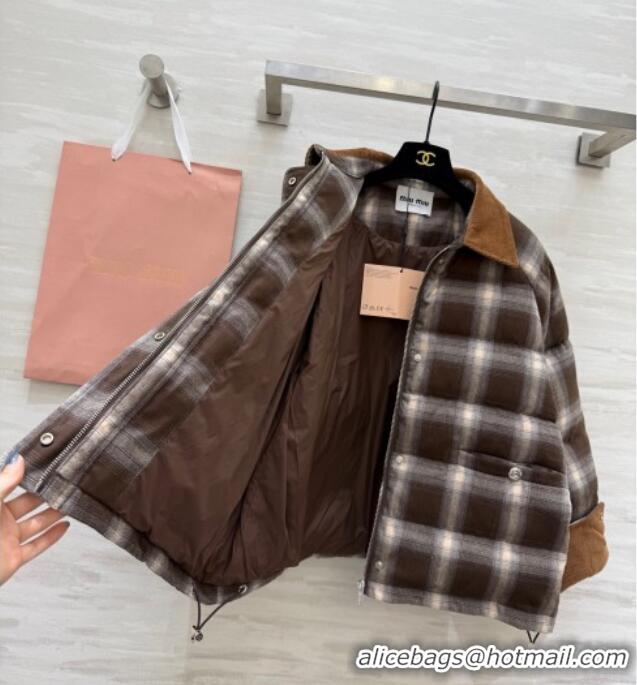 Luxury Cheap Miu Miu Plaid Down Jacket MM120228 Brown 2025