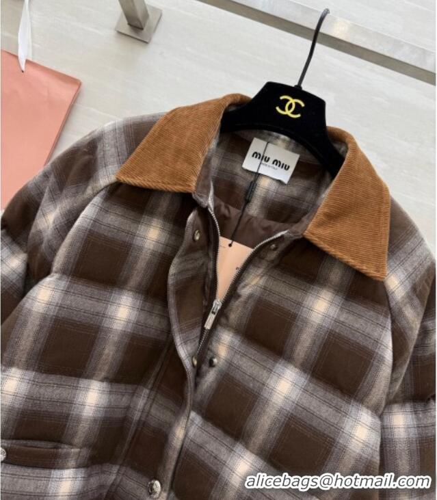 Luxury Cheap Miu Miu Plaid Down Jacket MM120228 Brown 2025